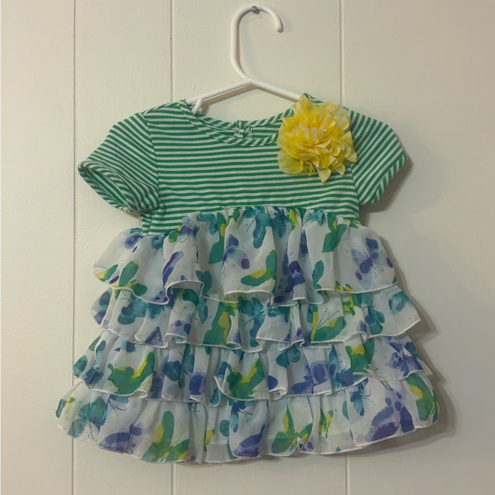 Green Striped & Floral Ruffle Baby Dress with Yellow Flower